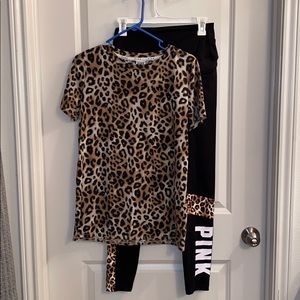 VS Pink Athletic Leggings + Leopard Tee Set